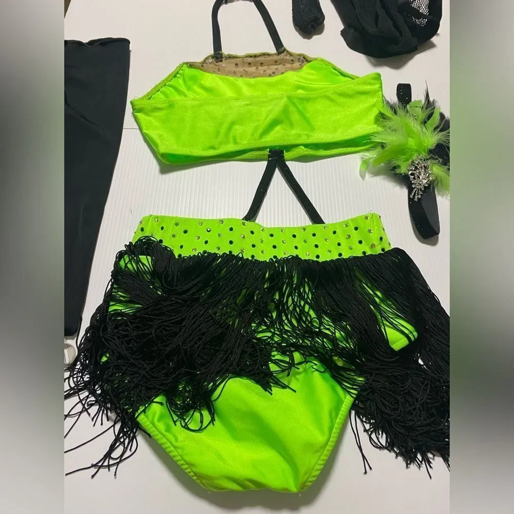 Glamour solo dance costume leotard neon green embellished rhinestoned SA adult